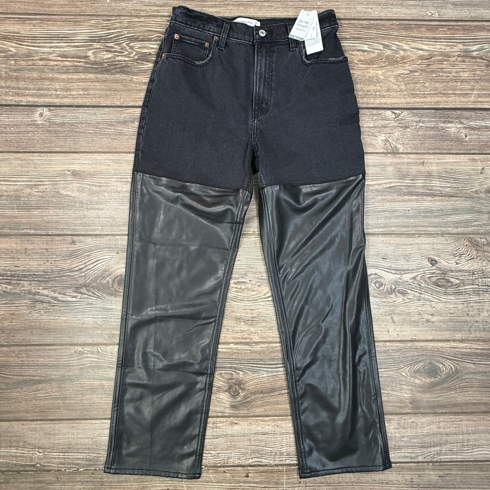 Abercrombie & Fitch Women Jeans Size 28/6S Black Faux Leather Mixed Media NEW